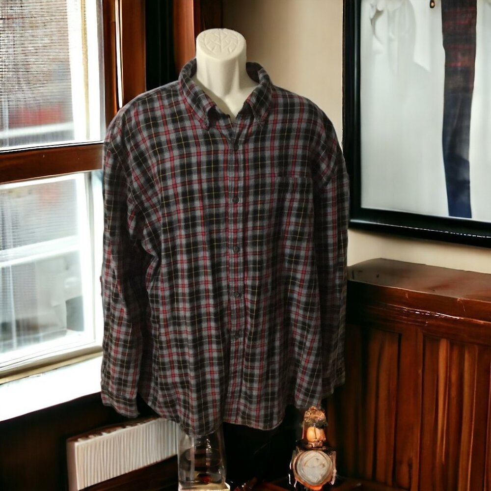 St John's Bay Men's Yellow Red Gray Black Checked Flannel Shirt XXL Butt…
